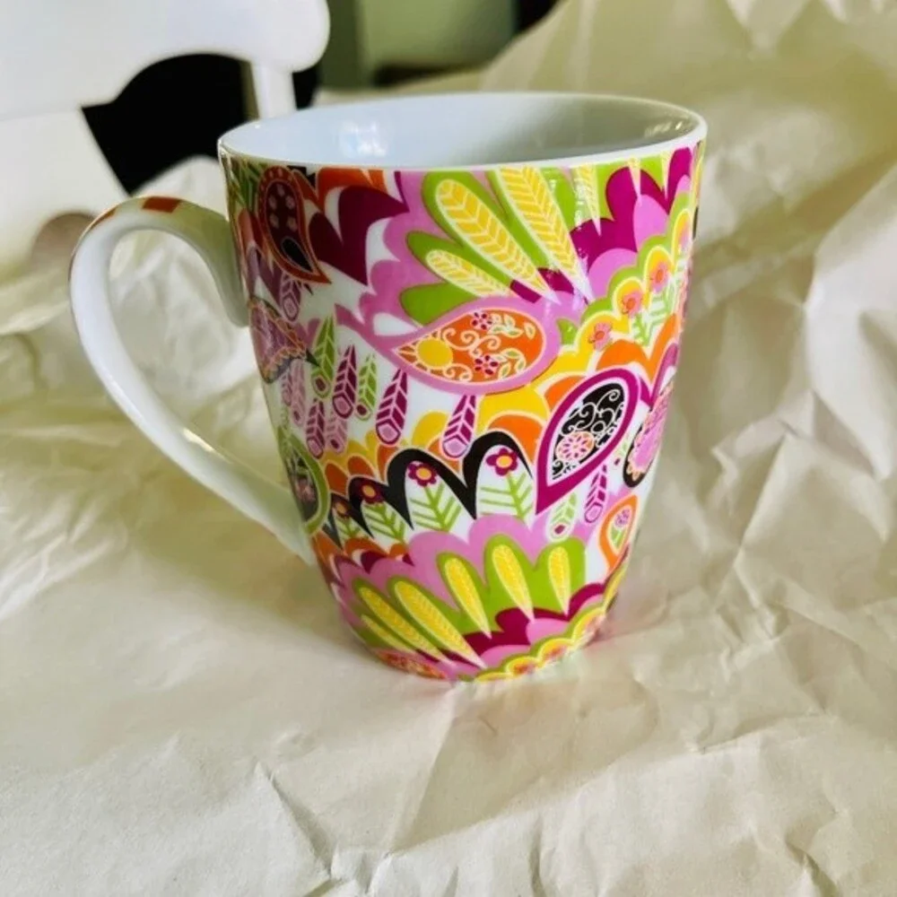 Pier 1 Coffee Mug “Shut the front door” Paisley Green Pink Green Yellow Orange